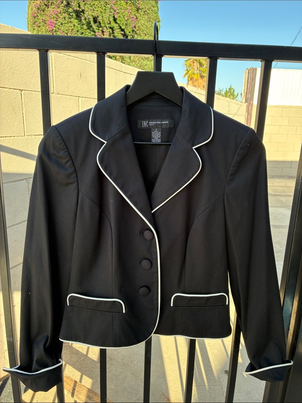 INC International Concepts Black Blazer with White Piping